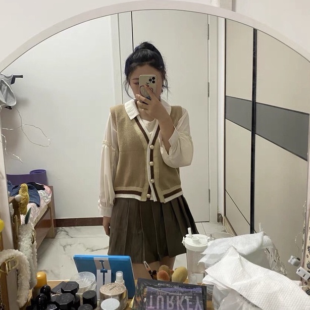 Áo gile, Áo gile len nữ màu nâu cài khuy viền sọc năng động ulzzang Hàn Quốc 2021 order Taobao