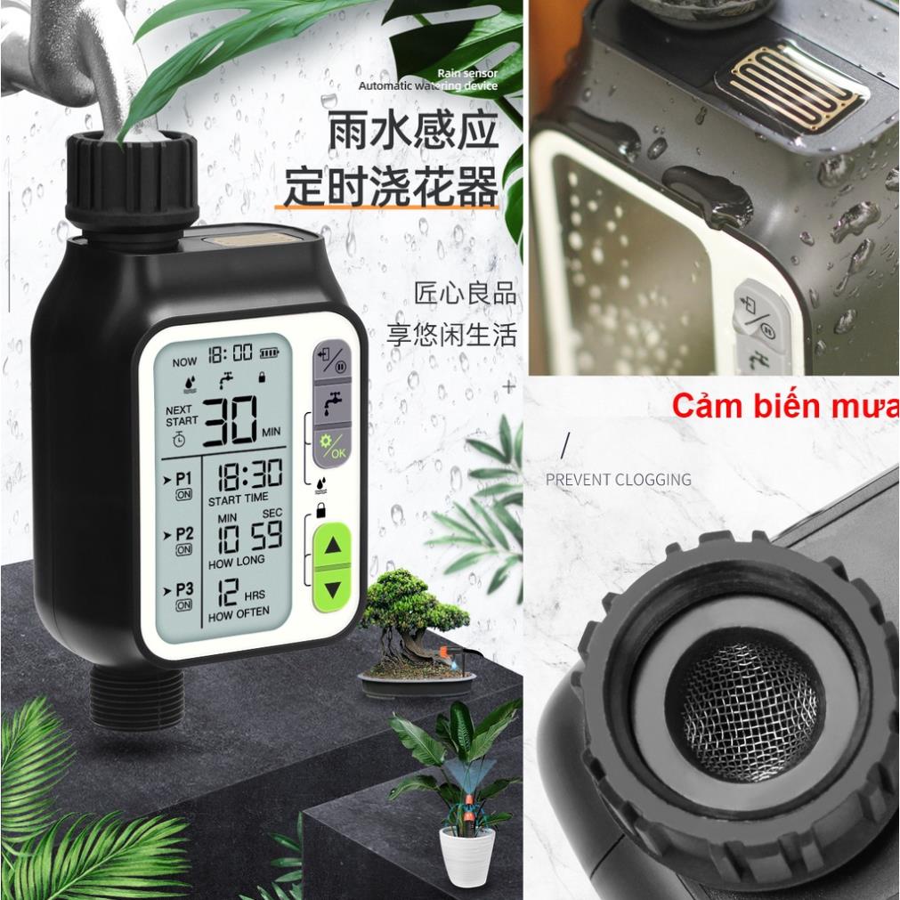 - Bộ hẹn giờ tưới cây tự động 3 chương trình, tích hợp cảm biến mưa. Tự động tưới lan, rau cây cảnh