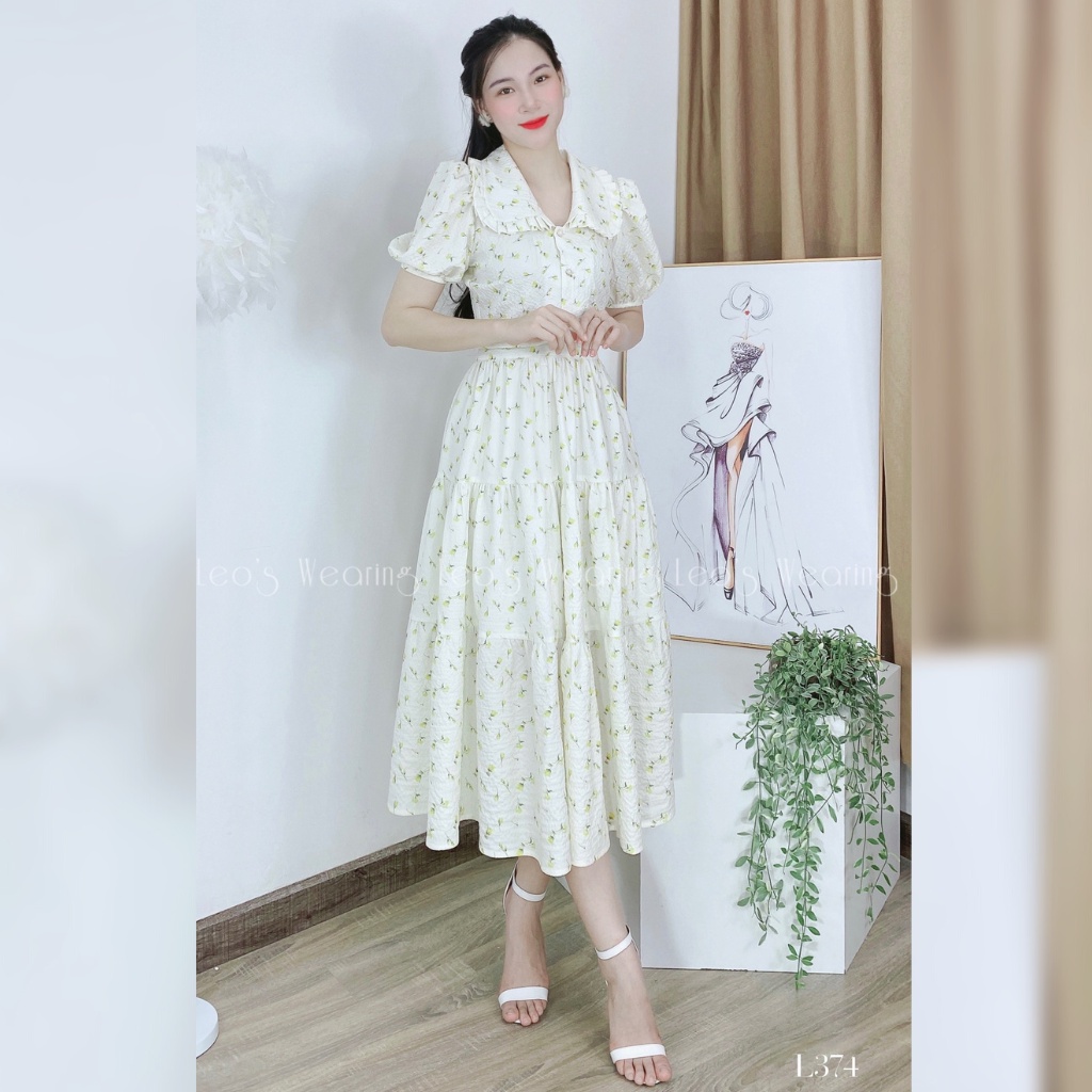 Set váy dáng dài áo sơ mi croptop cổ bèo mix chân váy 3 tầng họa tiết hoa nhí LEOSWEARING L374 L375