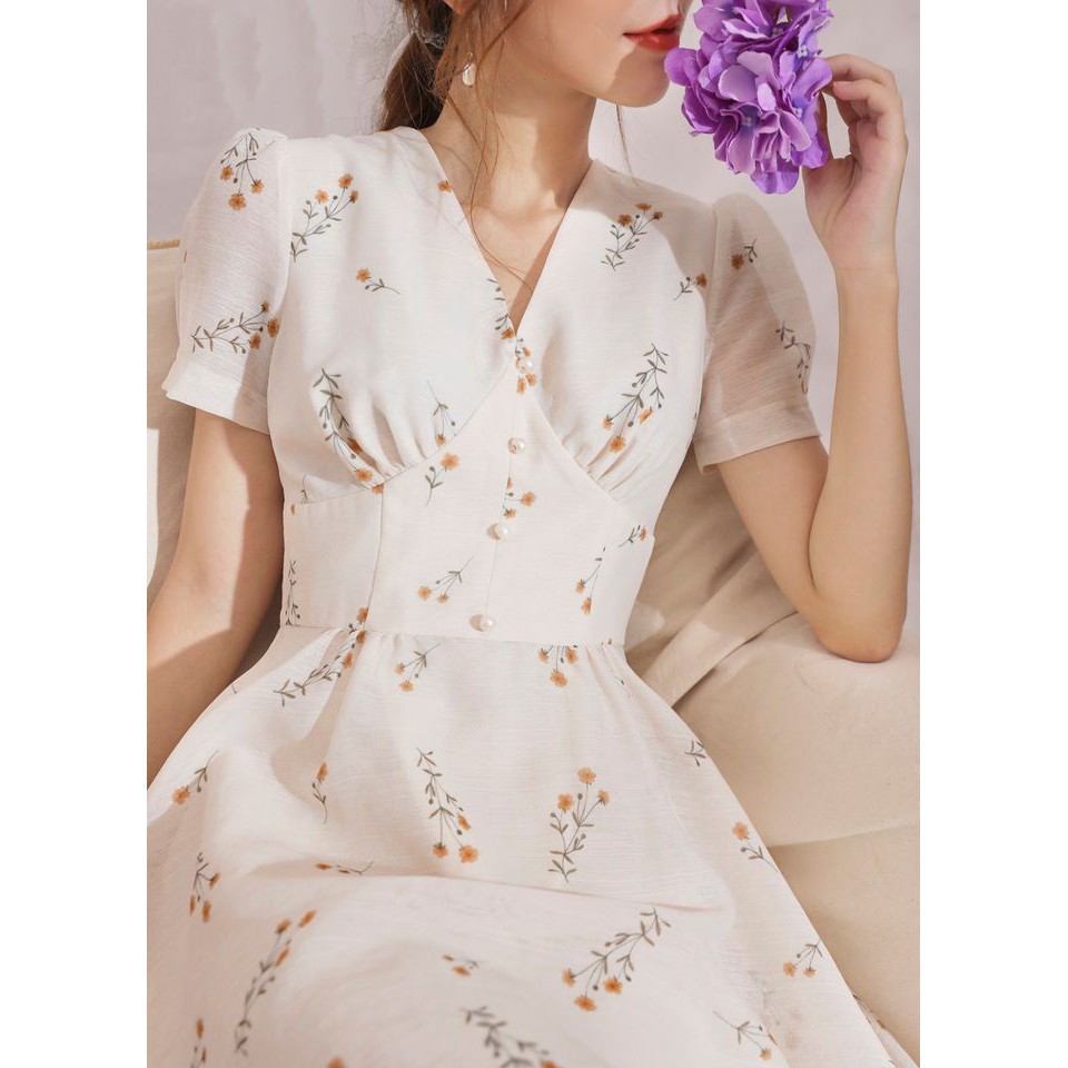 Đầm hoa phối ngọc tay bồng siêu xinh - Jena dress RE