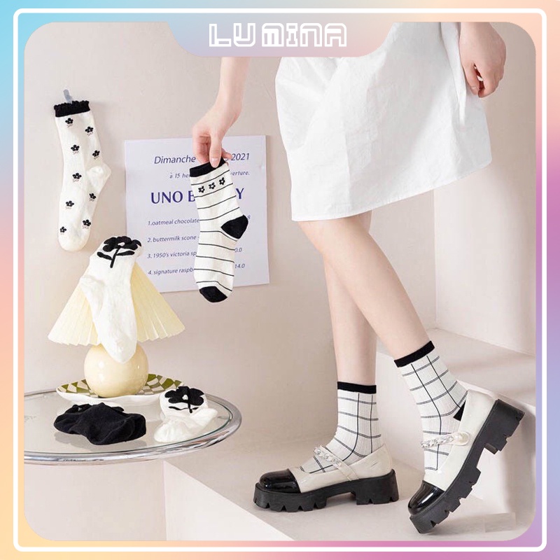 Tất cổ cao, Vớ dài nam nữ họa tiết kẻ đen trắng cổ điển phong cách Hàn Quốc chất liệu Cotton cao cấp thoáng khí TD046