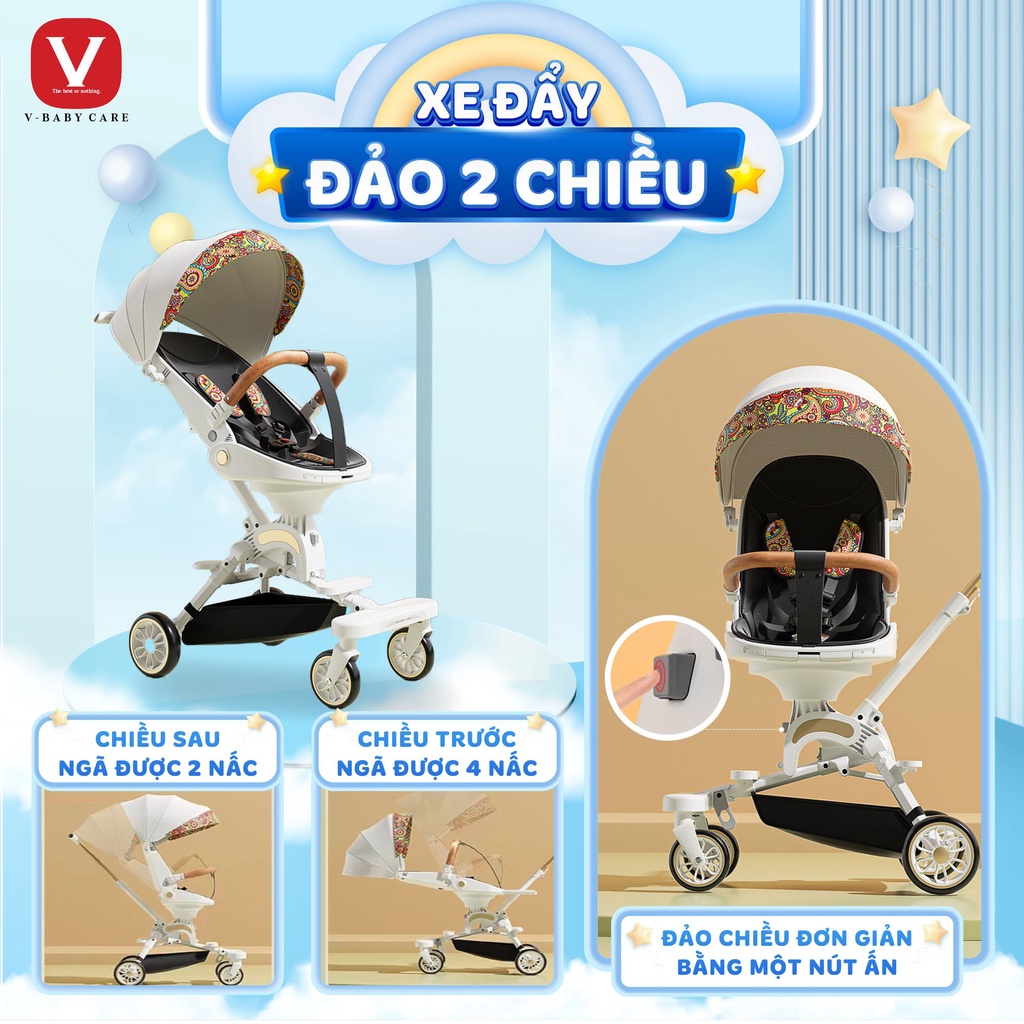 Xe đẩy 2 chiều gấp gọn cao cấp V - BABY IX9 – Hàng chính hãng – Bảo hành 1 năm ( Tặng kèm khay ăn)