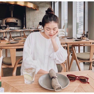 Áo sơ mi cổ tròn phối nơ/Ảnh thật