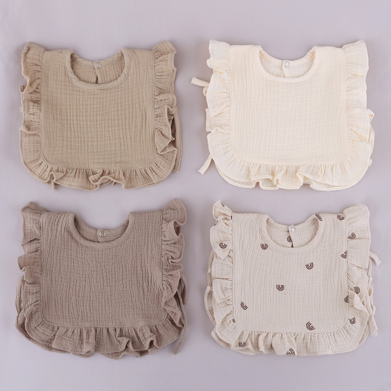 Haha Yếm Ăn Cotton Màu Trơn Phối Ren Dành Cho Bé