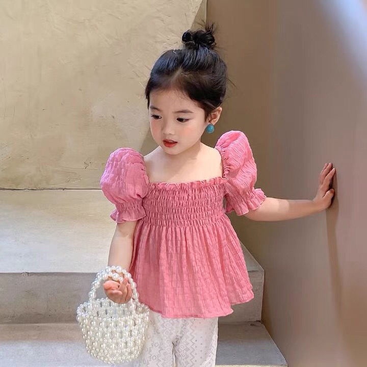 Áo Sơ Mi Chiffon Cổ Vuông Tay Phồng Phong Cách Phương Tây Thời Trang Mùa Hè Cho Bé Gái 0401