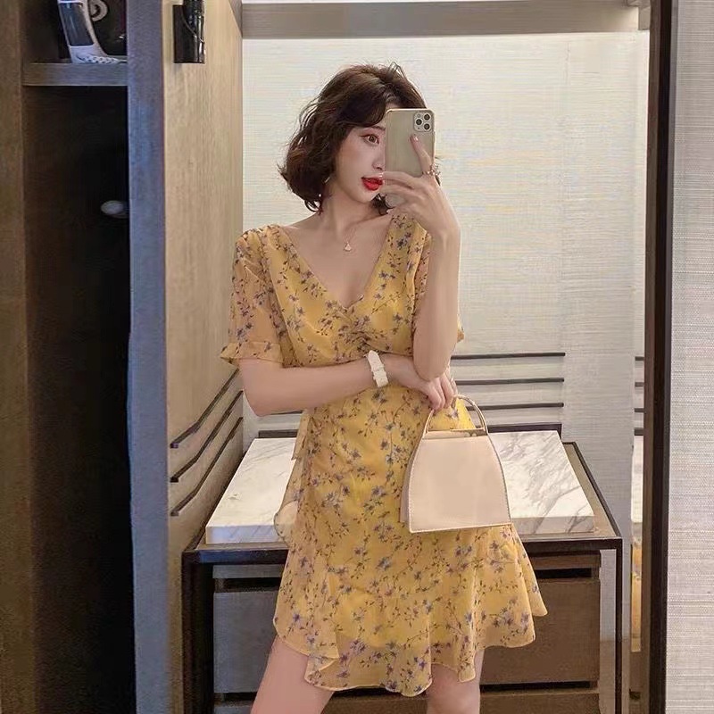 Đầm Perty họa tiết hoa cổ chữ V thời trang phong cách Hàn Quốc gợi cảm cho nữ