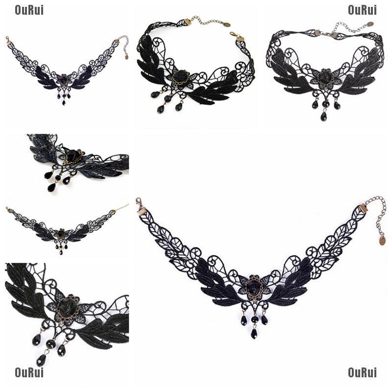 Vòng cổ choker thêu hoa hồng đính hạt phong cách Lolita quyến rũ