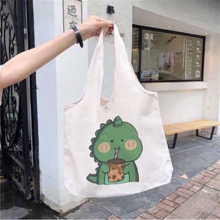 Túi tote vải bố đựng đồ canvas đeo chéo hình khủng long uống nước