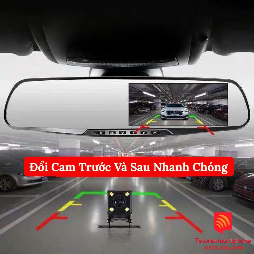 Camera hành trình gương chiếu hậu Full HD 1080 ghi hình trước sau tích hợp G-Gensor camera lùi tặng kèm camera lùi