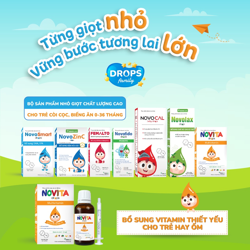 Combo tăng đề kháng Novocare - Novita bổ sung vitamin thiết yếu cho bé 20ml, NovoZinC bổ sung kẽm cho bé 15ml