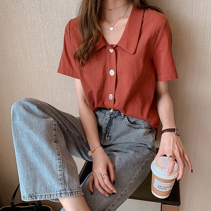 Áo sơ mi ngắn tay màu trơn phong cách cổ điển thời trang công sở cho nữ