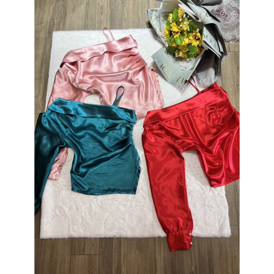 Hình thật - Áo kiểu lụa gấm lệch vai 1 dây ❤️FREESHIP❤️áo thiết kế nhiều màu nhiều size chất lụa gấm dày, sang, xịn
