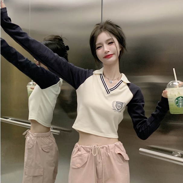 ZHELIHANGFEI Áo Dệt Kim Cổ POLO Lưng Cao Hở Eo Thiết Kế Quyến Rũ Cho Nữ