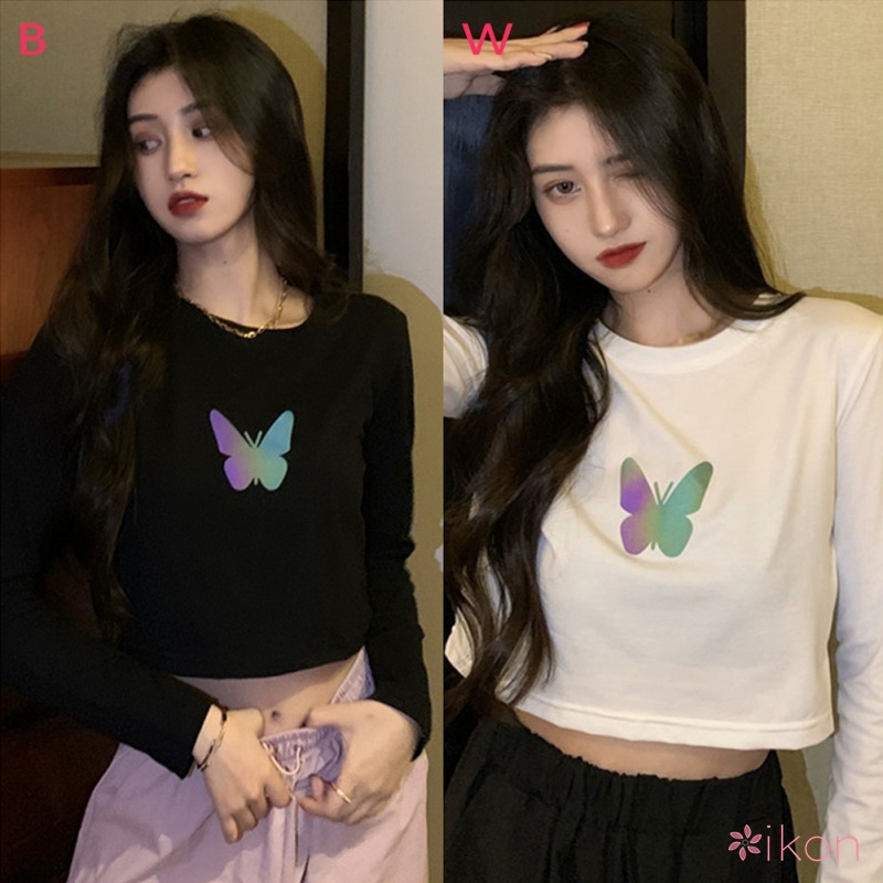 Áo Tay Dài Dáng Ôm In Hình Bướm Phản Quang Thời Trang Mùa Thu Cho Nữ