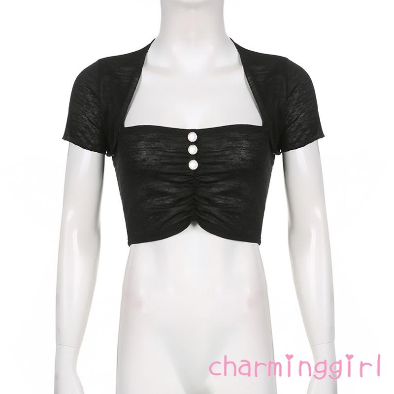 Set Áo Croptop Hai Dây + Áo Khoác Tay Ngắn Màu Trơn Phối Nút Thời Trang Cho Nữ