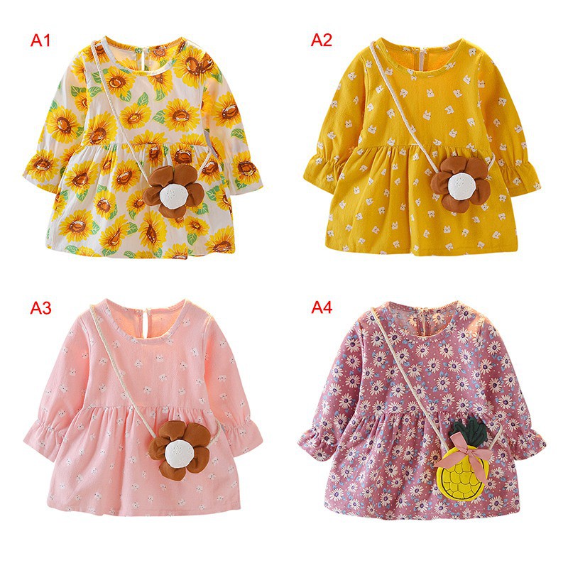 Đầm suông tay dài vải cotton êm ái và dễ thương cho bé gái