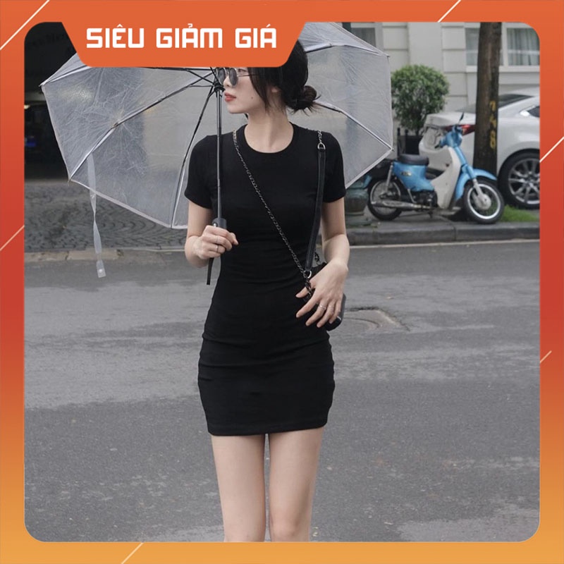 Váy Body, Váy Minidress Thun Ôm Eo Đen Trơn V2052-Teen 888