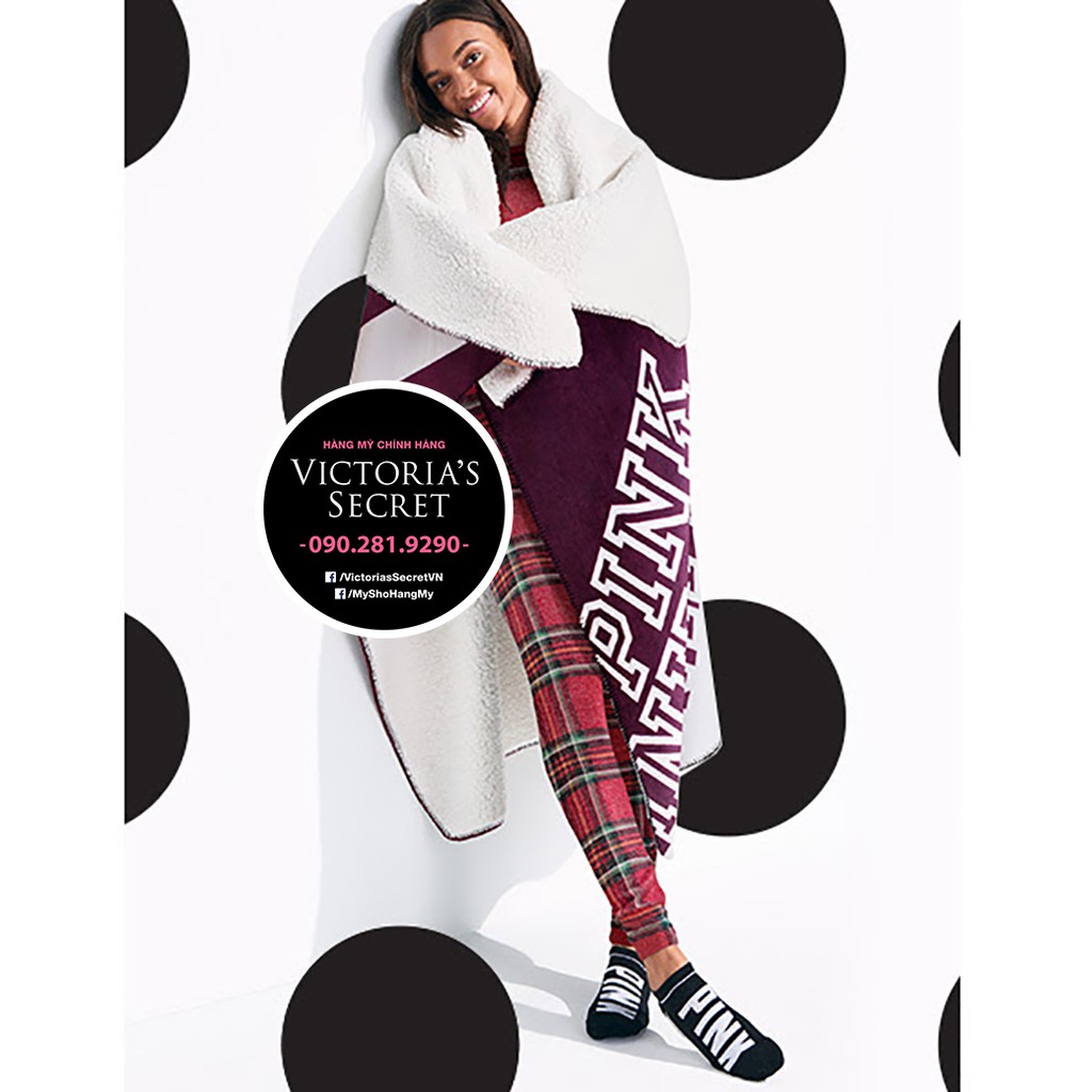 (20) Mền lông cừu xám tím than, hoa văn chữ Pink sọc xéo - Victoria's Secret USA siêu Chăn, mịn, đắp nhẹ cực ấm