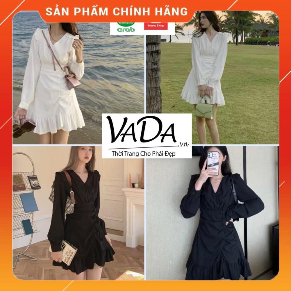 ĐẦM dự tiệc dáng suông đẹp cao cấp, phần vai và lai váy bèo nhúng xinh yêu, có 2 màu trắng đen giá rẻ VADA.vn - VD 012