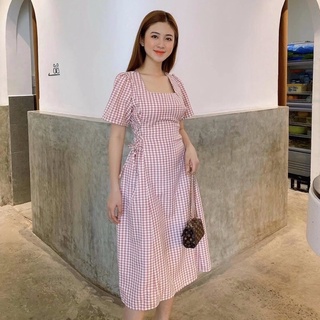 Đầm váy cổ vuông đan dây eo 6 màu