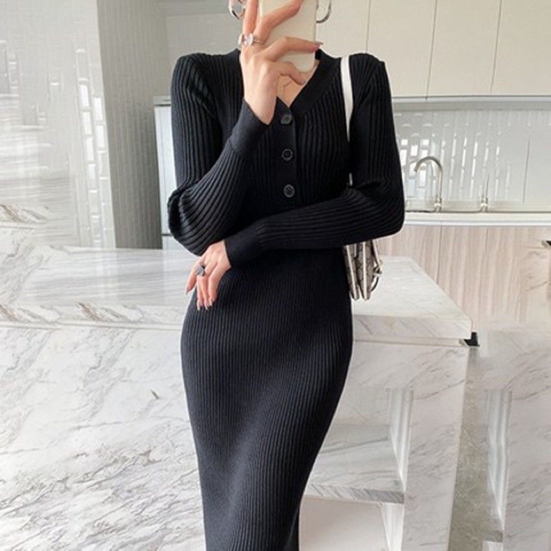 Đầm Len Dự Tiệc Body Cổ V Phối Cúc Màu Đen Be Trắng Đỏ Dài Tay Dáng Dài, Váy Len Ôm Sát Style Hàn Quốc Sang Chảnh | BigBuy360 - bigbuy360.vn