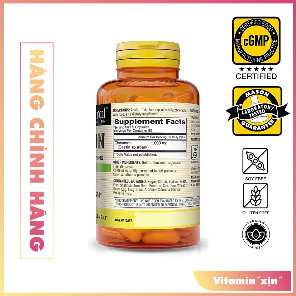 Cinnamon 1000mg (Mason) - Ổn định chỉ số đường huyết giảm nguy cơ biến chứng cho người mắc bệnh tiểu đường.