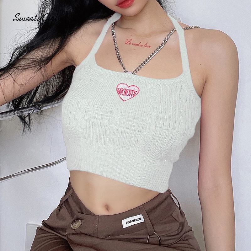 Áo hai dây dệt kim dáng ôm thêu họa tiết trái tim phối dây xích kim loại thời trang cho nữ