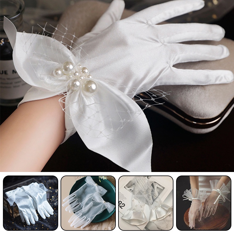 Găng Tay Vải Satin Co Giãn Đính Nơ Phối Ren Thanh Lịch Cho Cô Dâu Chụp Ảnh