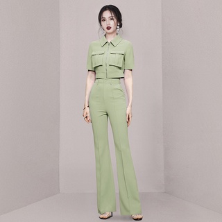 Set Áo Tím Tay Ngắn + Quần Dài Ống Loe Màu Tím Thời Trang Mùa Hè Cho Nữ