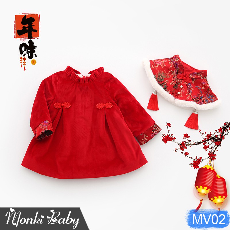 Váy Tết nhung mềm lót lông dày ấm cho bé gái, kèm choàng vai thời trang, sắc đỏ rực rỡ | MV02
