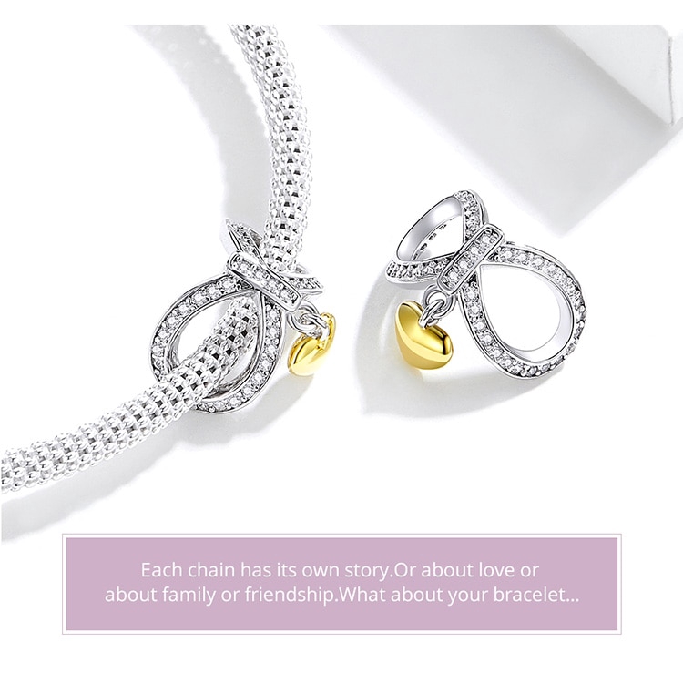 Hạt phụ kiện hiệu Bamoer SCC1300 chất liệu bạc 925 hình trái tim phối nơ dùng làm vòng tay DIY