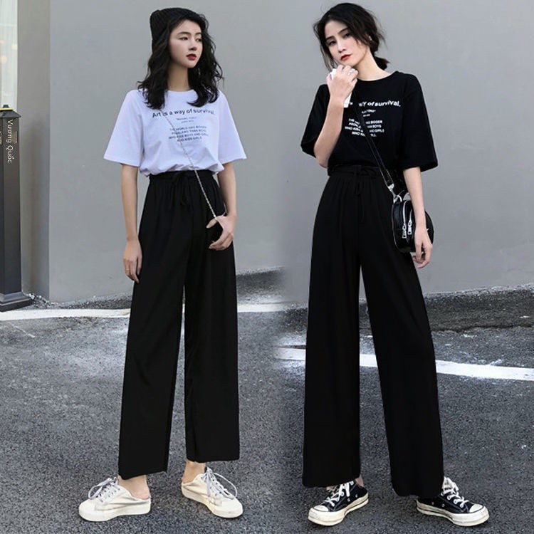 váy dài☾Một mảnh / bộ quần áo lưới màu đỏ hai mùa hè Hàn Quốc ống rộng thời trang sinh viên phông ngắn tay phụ