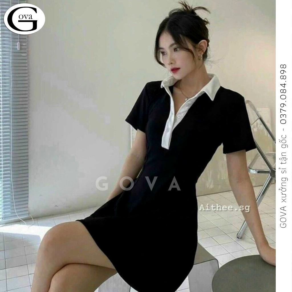 Đầm Váy CỔ POLO Phối Trắng Dáng Xoè Thun Borip Ôm Đẹp GOVA