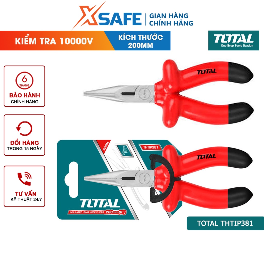 Kềm mỏ dài cách điện TOTAL THTIP381 size 8&quot;/200mm, kiểm tra 10000V, dùng kẹp, cắt, vặn dây điện - chính hãng