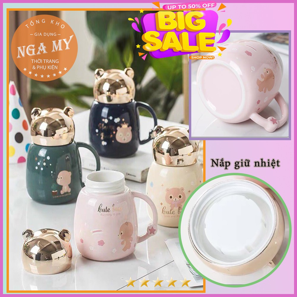 Cốc giữ nhiệt❤️SALE❤️Cốc sứ uống sữa uống cafe có tay cầm hình gấu siêu dễ thương có nắp đậy tiện dụng