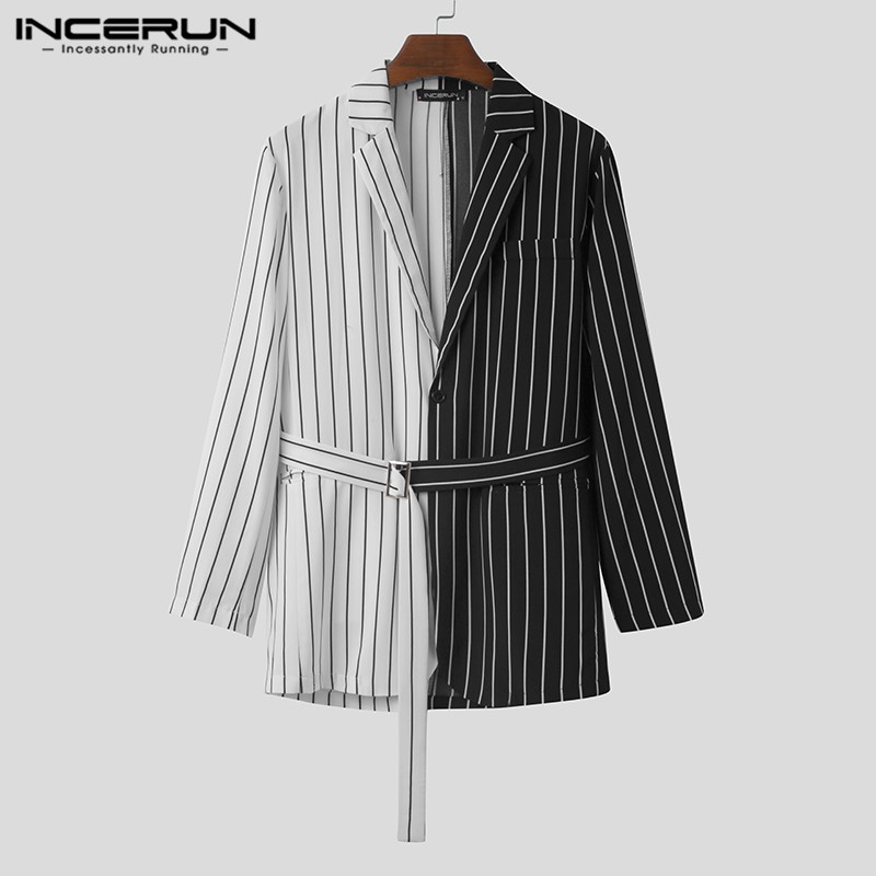 giảm áo nam Áo Blazer INCERUN Tay Dài Họa Tiết Kẻ Sọc Có Thắt Lưng Thời Trang Mùa Thu Cho Nam