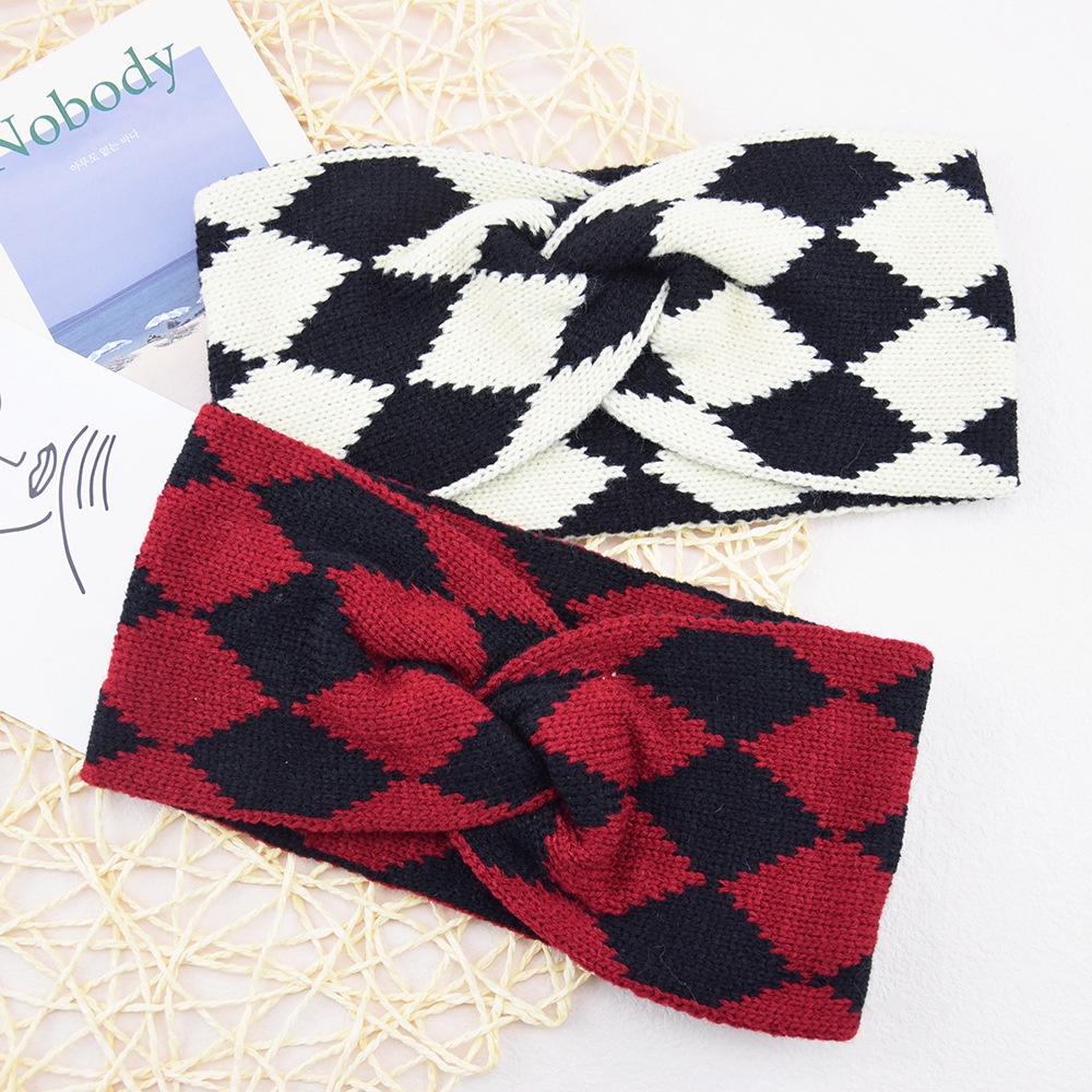 Băng đô HAIMEIKANG len dệt kim họa tiết sọc hình thoi thời trang thủ công