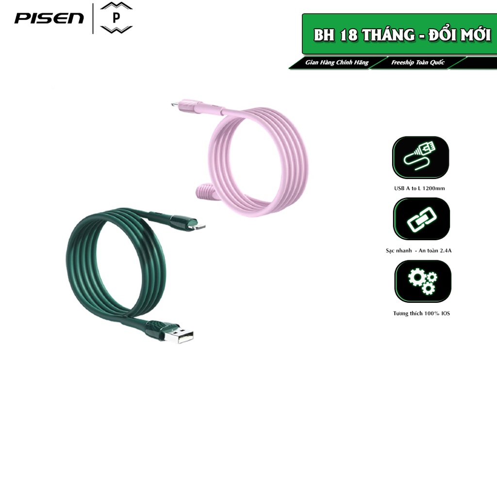 Cáp cao cấp PISEN USB to L Colorful Liquid Silicone 2.4A 1200mm từ nhựa silicon nguyên sinh, bảo vệ môi trường