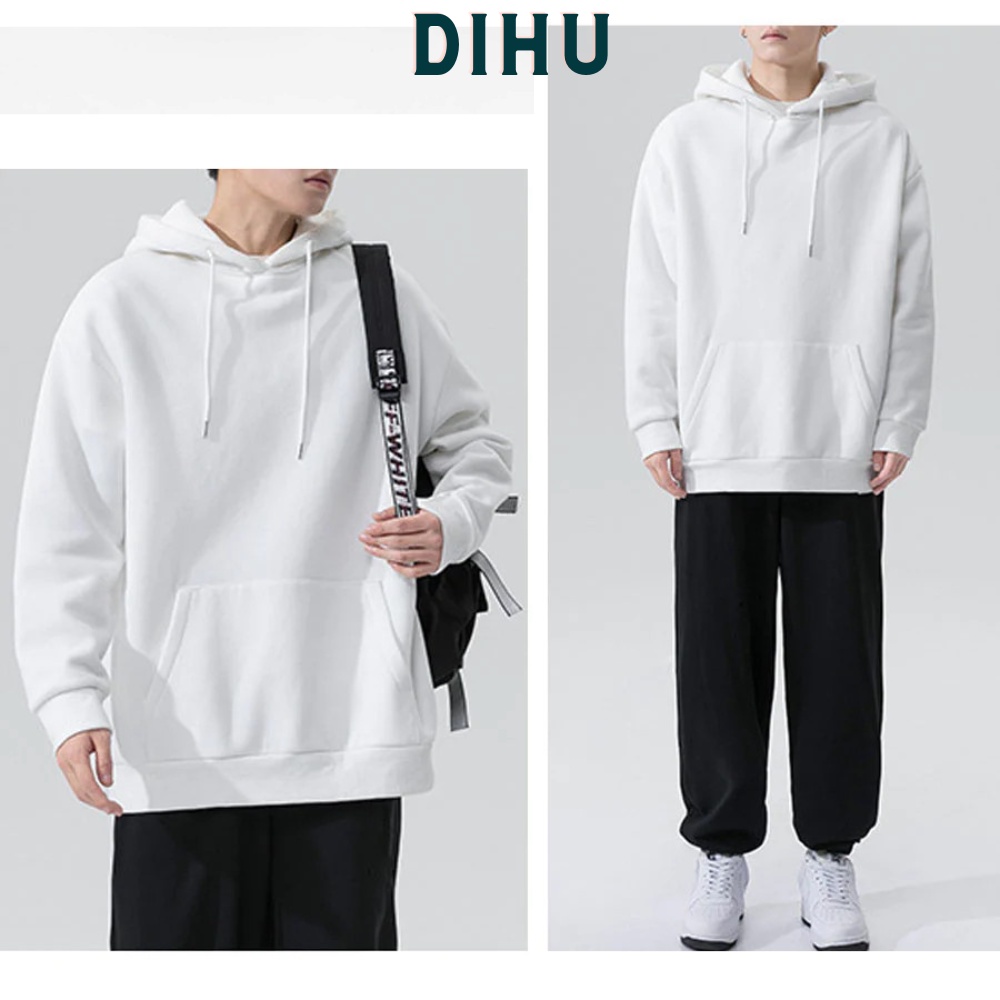 Áo khoác hoodie nam nữ over size nỉ form rộng trơn basic có mũ 2 màu đen trắng giữ ấm cơ thể mùa thu đông DIHU