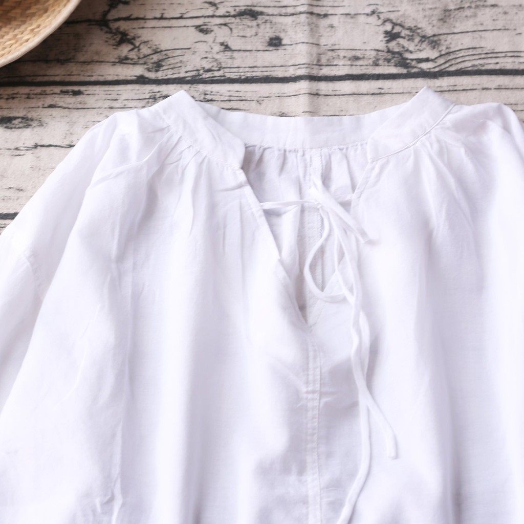 ÁO VÁY TRẮNG TAY BỒNG  THẮT NƠ