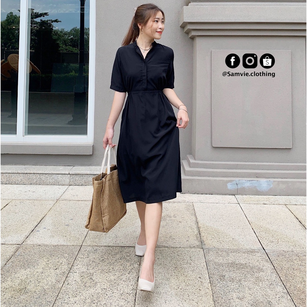 Đầm nữ dài kiểu cổ trụ, kín đáo dáng suông công sở thiết kế Samvie