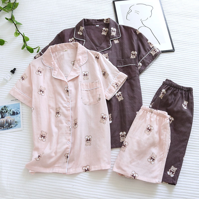 Bộ pyjama nữ vải xô Nhật hình gấu dễ thương, dáng ngắn