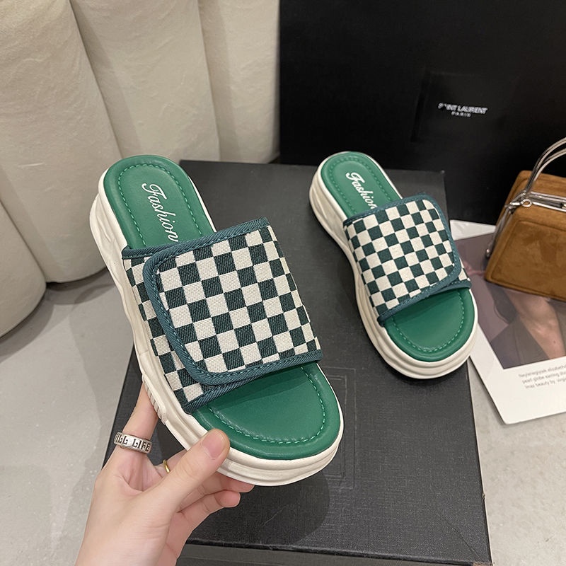 Oeggeo shop Dép Quai Dán Đế Dày Họa Tiết Kẻ Sọc Cho Nữ