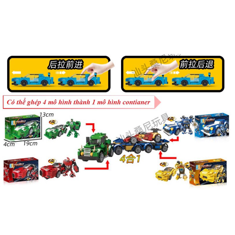 Lego xếp hình ô tô siêu xe furious racing biến hình người máy 2 in 1( ô tô có cơ cấu kéo lùi để đẩy xe lên xuống)