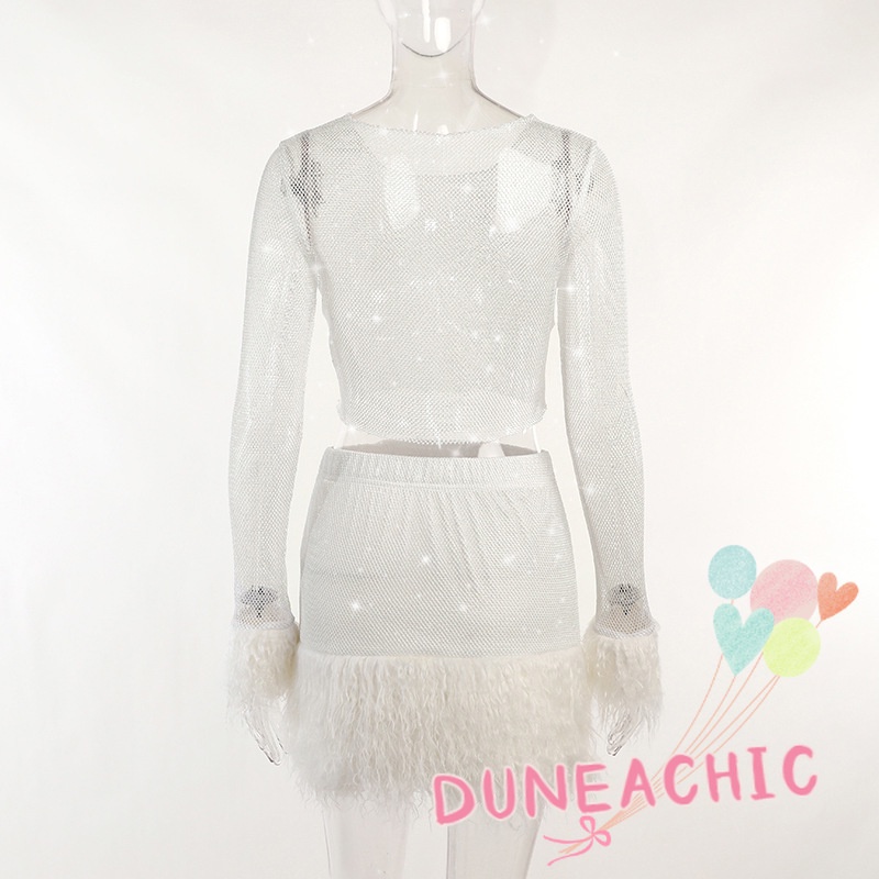 Bộ đồ DUNEA gồm áo tay dài cổ tròn phối chân váy tua rua lưng cao thời trang dành cho nữ