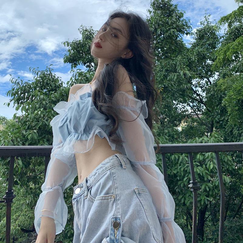 Áo Kiểu Dáng Ngắn Tay Phồng Dài Cổ Trễ Vai Phối Lưới Dáng Ôm Dành Cho Bạn Nữ