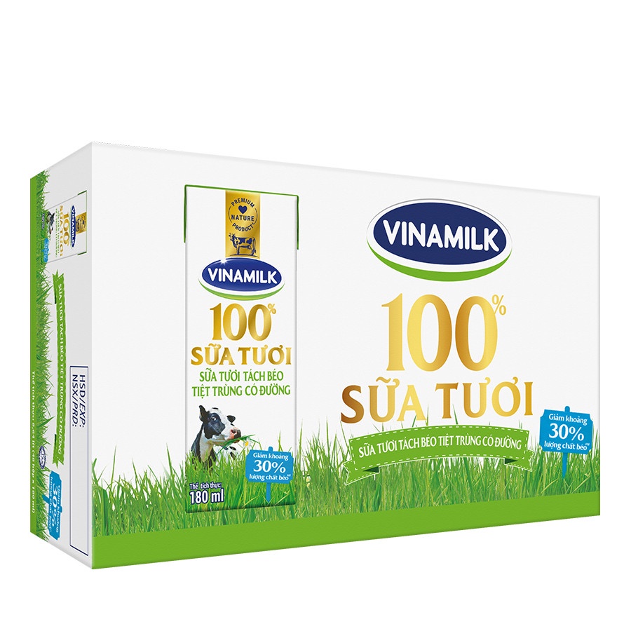 [HSD T9-2022] Thùng 48 Hộp Sữa Tươi Tiệt Trùng Vinamilk 100% Tách Béo Có Đường 180ml
