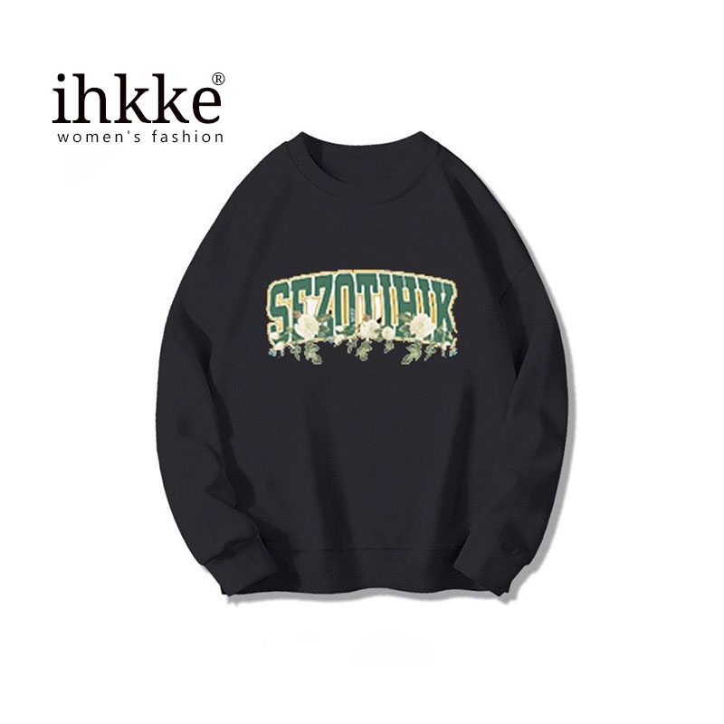 Áo sweater IHKKE cổ tròn màu đen/ màu trắng phong cách Mỹ thời trang mùa thu dành cho nam và nữ