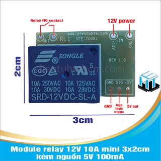 Module relay 12v 10a mini 3x2cm - kèm nguồn 5v 100ma