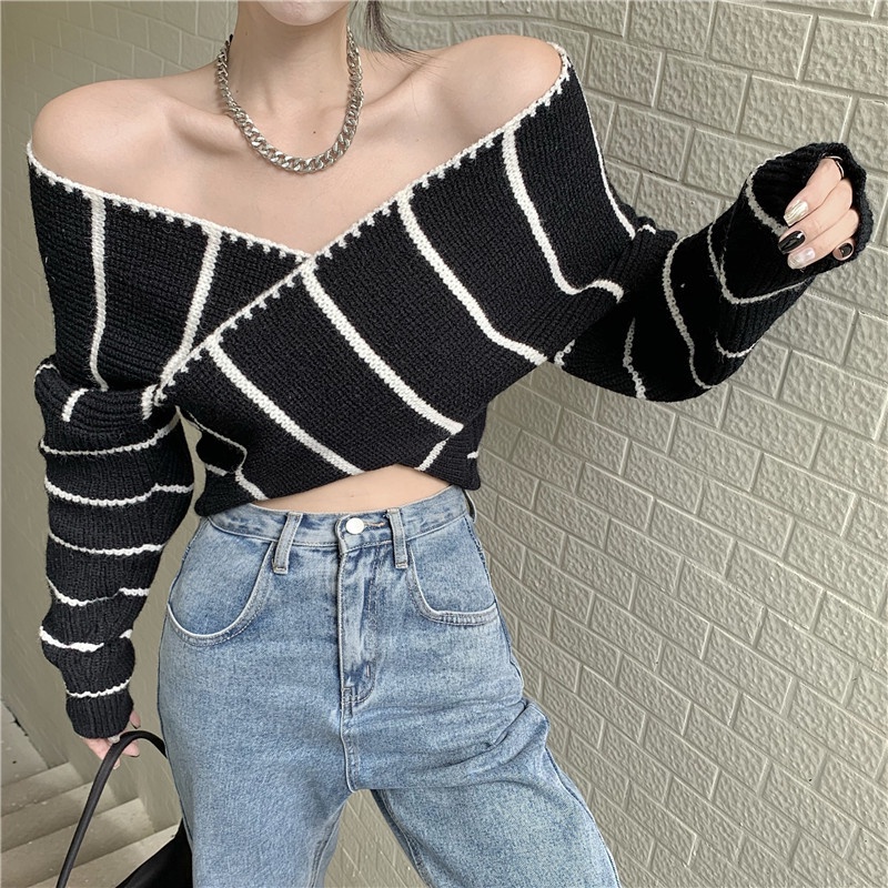 ZHELIHANGFEI Áo Sweater Tay Dài Trễ Vai Lưng Cao Kiểu Dáng Quyến Rũ